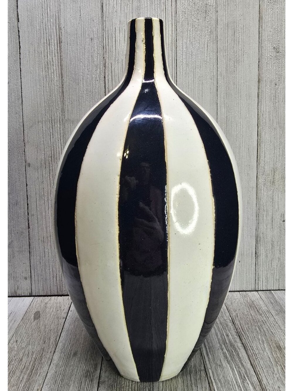 Vintage Art Deco Bud Vase White Black Vertical Striped Pattern Pottery 13" Tall